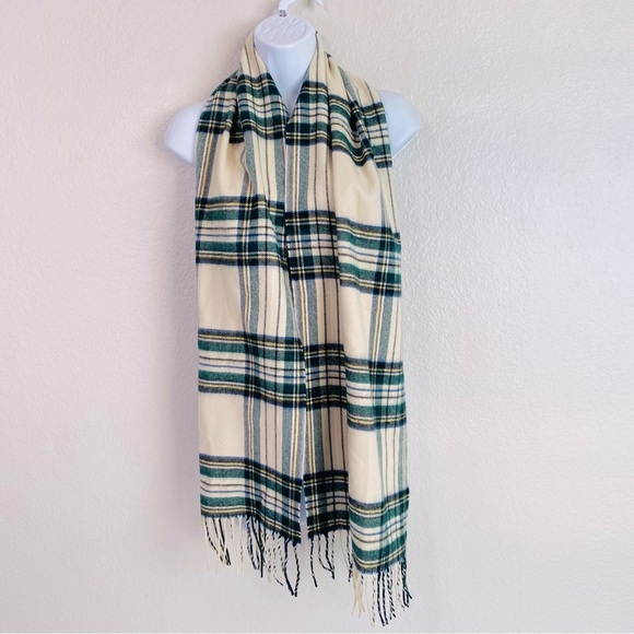 Cashmere Cream/Green Tartan Plaid Scarf 12” x 64” - Picture 2 of 4